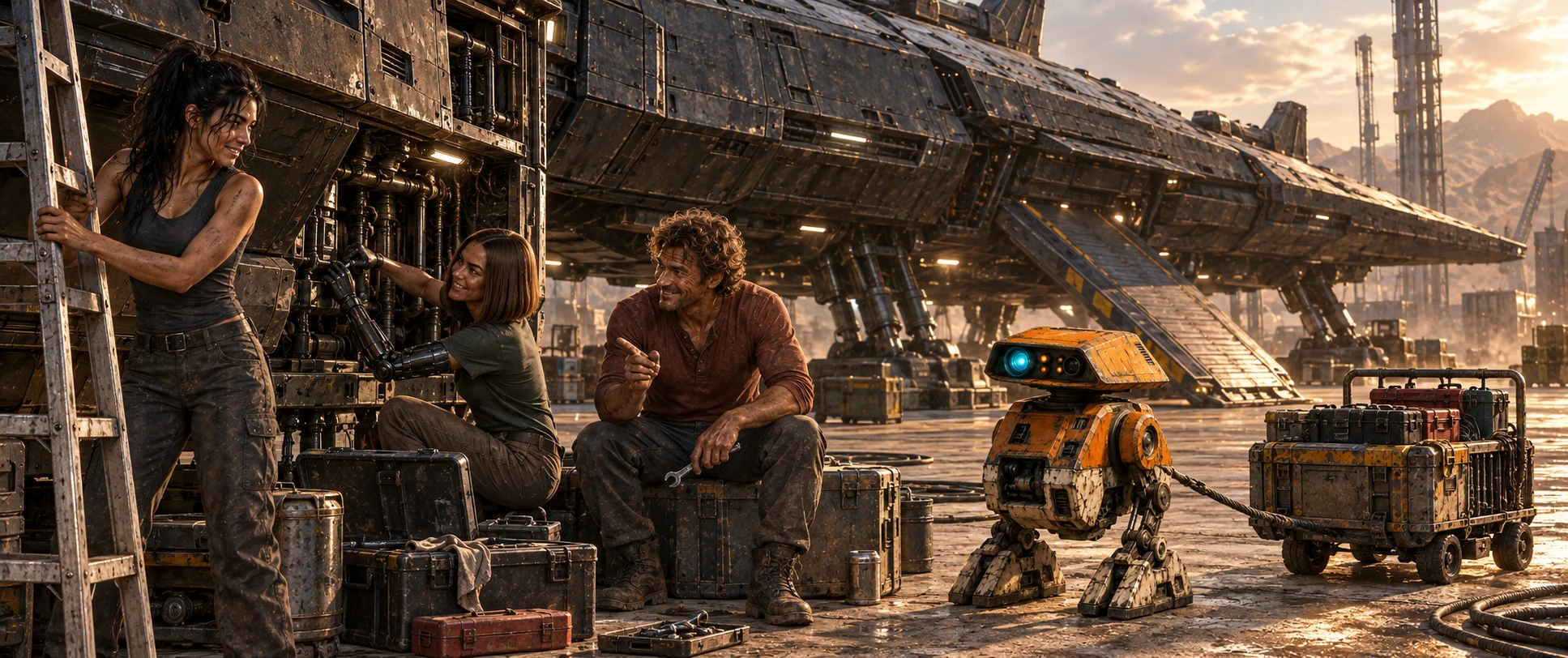 Members of the Stubborn Dawn crew resting together at sunset